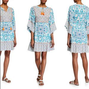 Johnny Was "Ellyo" tunic dress / swim coverup, 1x plus, split neckline w tassels